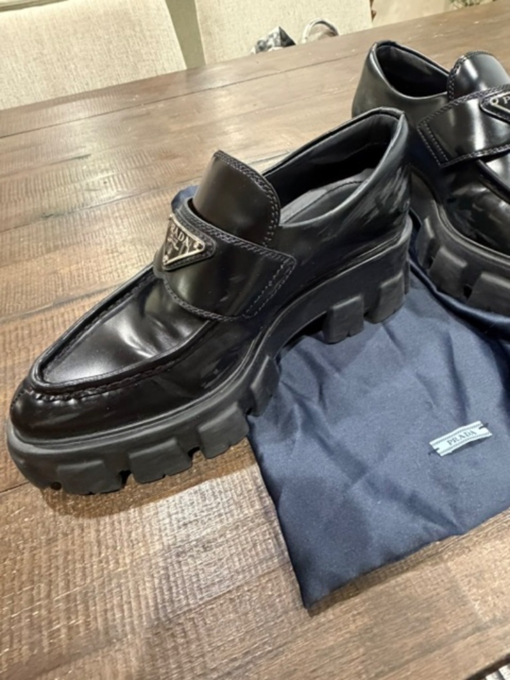 Prada Black Leather Monolith Logo Loafers - Picture 6 of 13